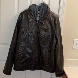 Levi’s Faux Leather Sherpa Trucker Aviator Hooded Jacket Brown Mens Size M